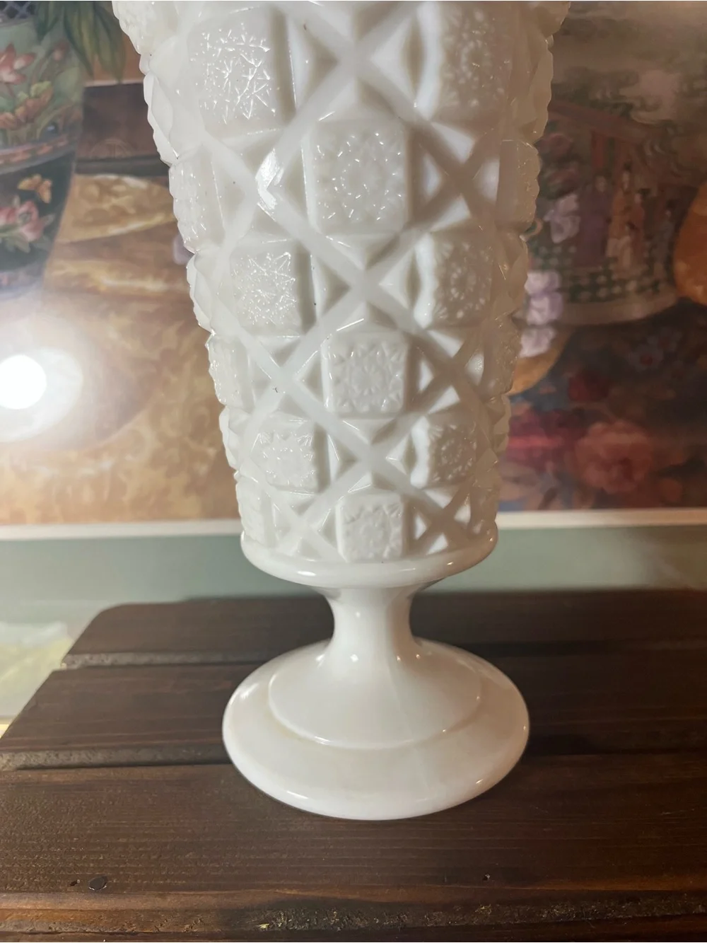 Classic White Milk Glass Pedestal Vase old quilt pattern by Westmoreland